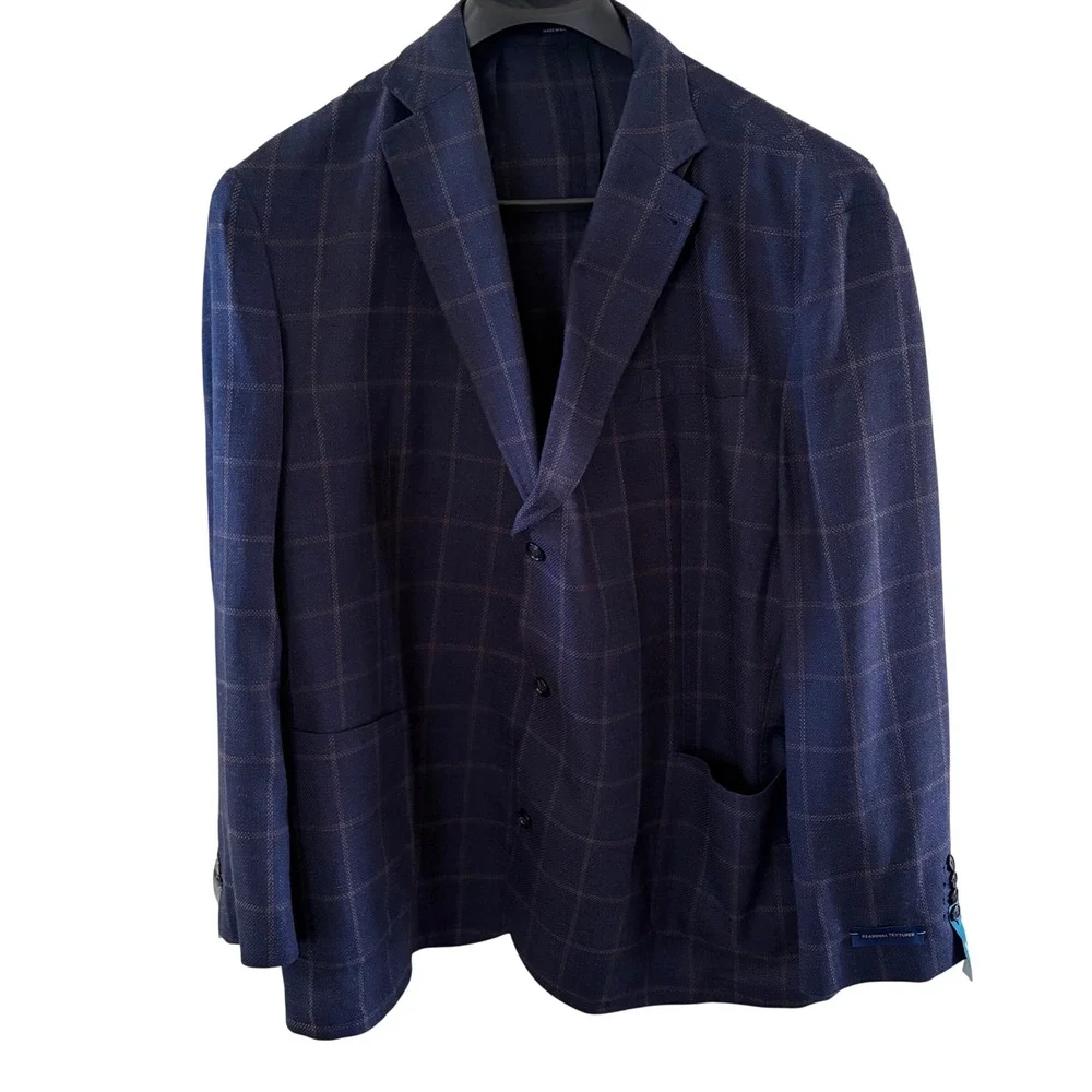 Stafford Big & Tall Navy Windowpane Wool Cotton Blazer Sport Coat‎ 52L New